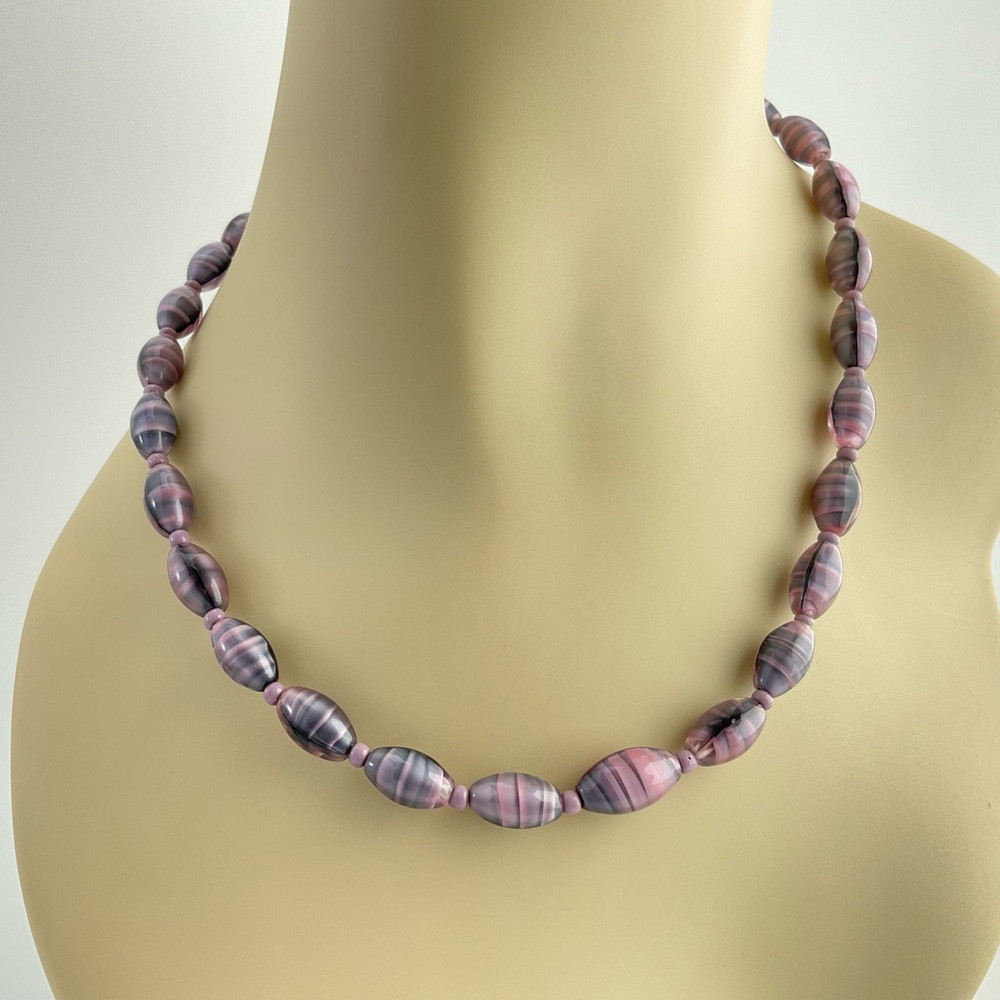 Host Pick! Vintage Lavender Gray and Black Lamp Work Glass Necklace;  MCM; BoHo